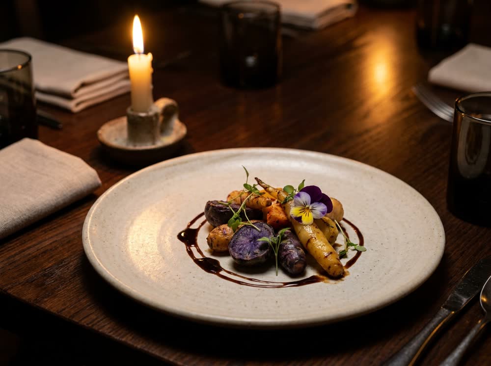 Plato de cocina de autor en Zazu, servido a la luz de las velas