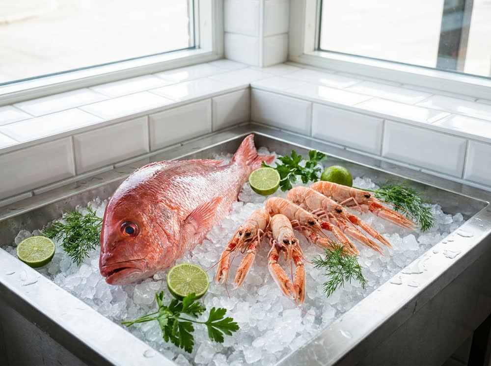Pescado fresco y langostinos sobre hielo en la barra de Z Food